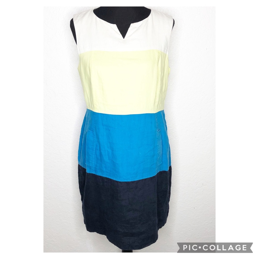 Hobbs London white yellow blue color block sleeveless flax sheath dress size 14